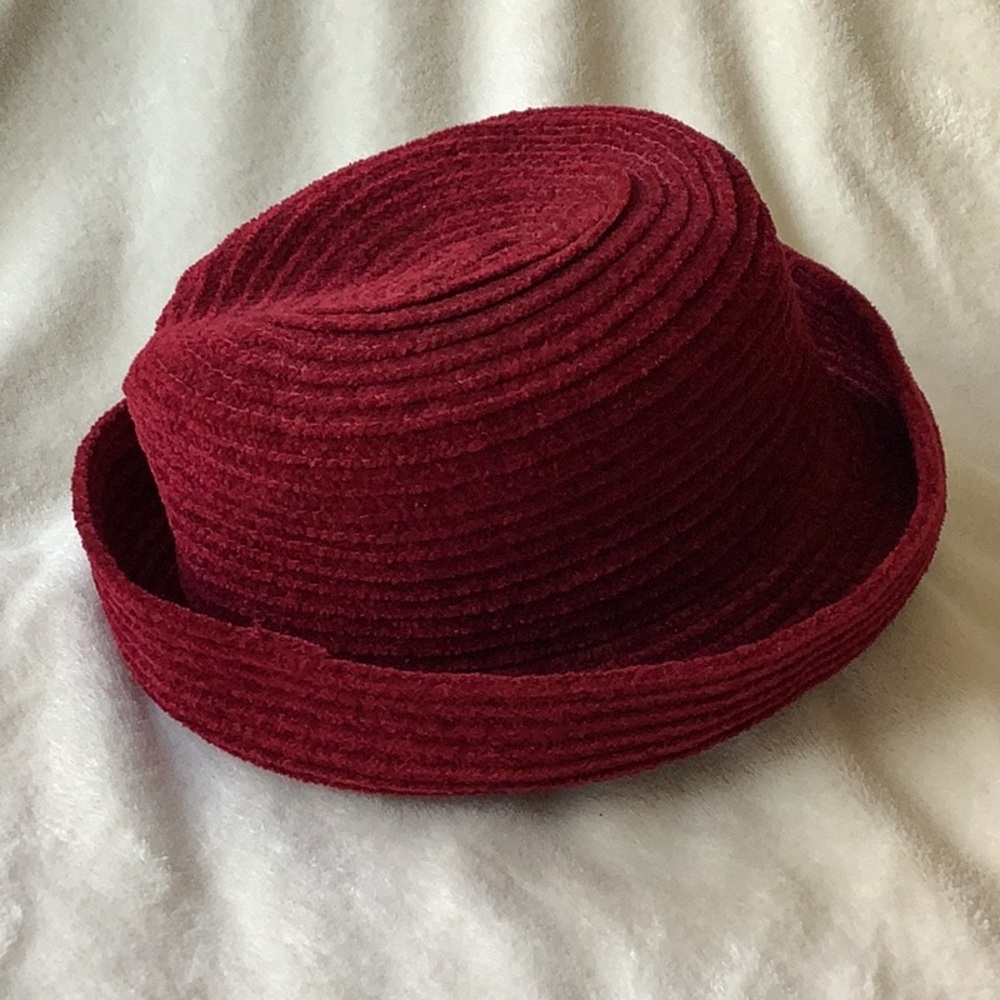 Womens Red Chenille Rolled Brim or Bucket Hat, NWOT